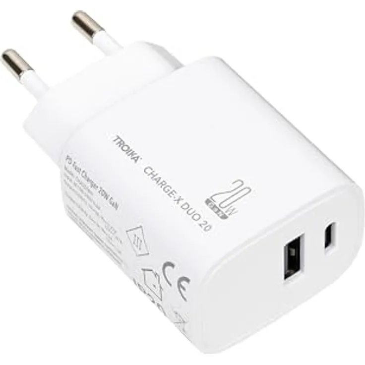 TROIKA Charge-X Duo 20, Ladestecker mit 20W Schnellladung, USB-C und USB-A, gleichzeitiges Laden von zwei Geräten, weiß