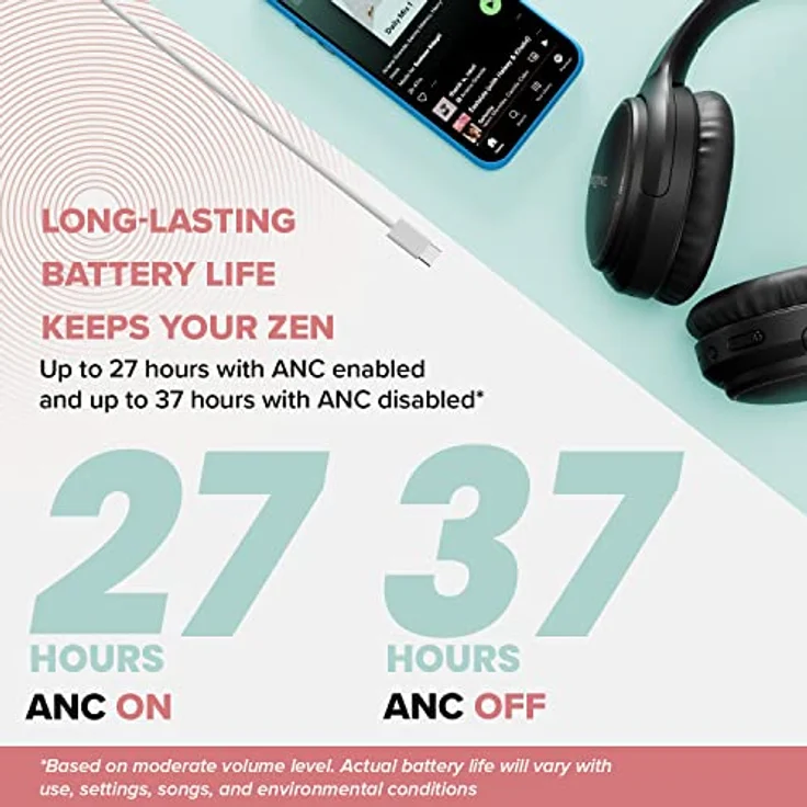 Creative Zen Hybrid Wireless Over-Ear-Kopfhörer mit hybrider Active Noise Cancellation, Ambient Modus, bis zu 27 Stunden (ANC EIN), Bluetooth 5.0, AAC, integriertes Mikrofon Schwarz – Bild 4