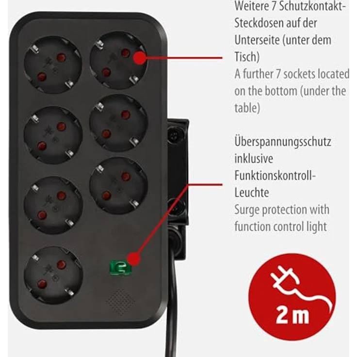 Brennenstuhl estilo Duplex Tischsteckdosenleiste mit Schalter und Überspannungsschutz (USB C Power Delivery, 9x Schutzkontakt-Steckdosen, 2m) silber/schwarz – Bild 3