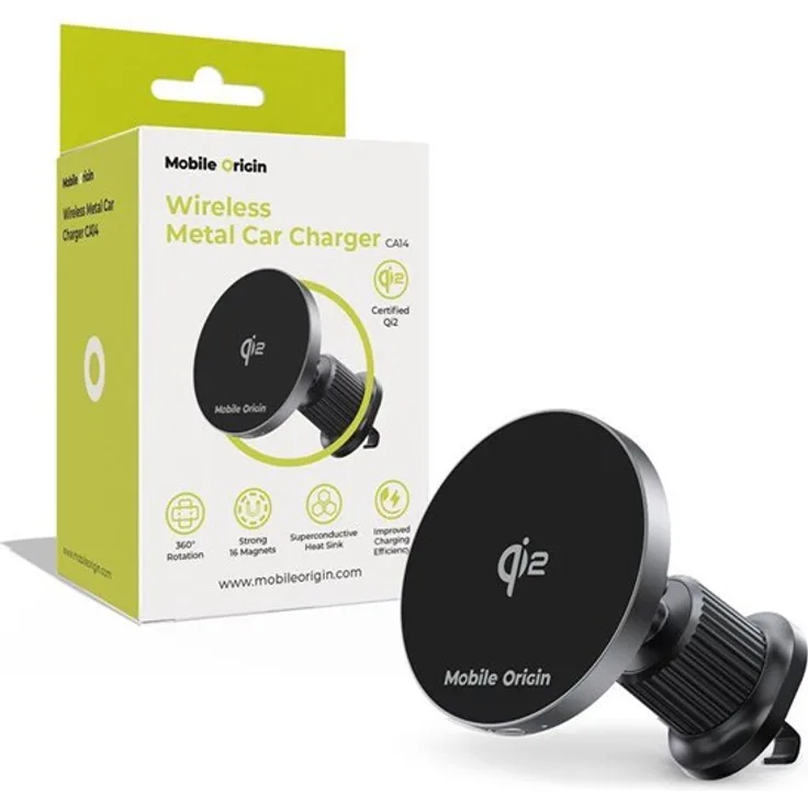 Mobile Origin Wireless Metal Car Charger CA14, Qi2-kompatibel mit 15W Schnellladung und 360° flexiblem Halterungssystem