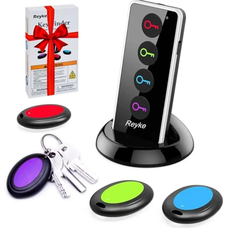 Reyke Schlüsselfinder Key Finder, Drahtloser RF-Gegenstandsfinder mit 4 Empfängern, LED-Taschenlampe und 80 dB Signalton, bis zu 40 m Reichweite – Bild 1
