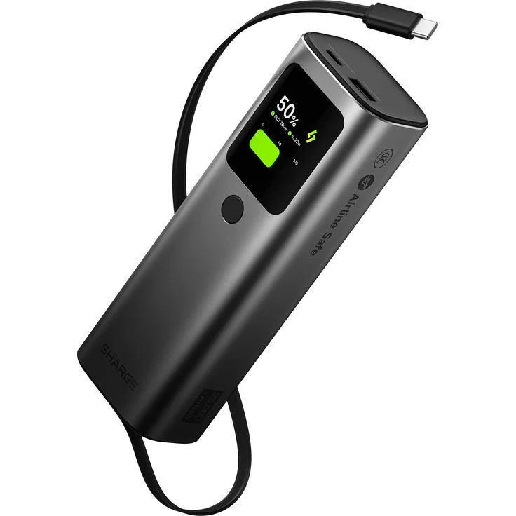 SHARGE Powerbank 20000 mAh, mit integriertem USB-C Kabel, 165W PD Schnellladung, kompaktes Aluminium-Design, interaktives Display, Flugzeugtauglich