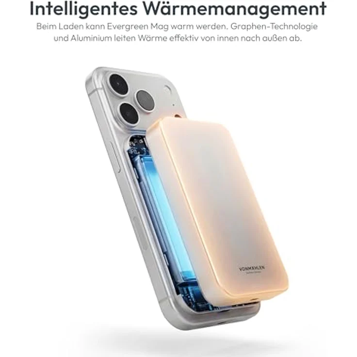 VONMÄHLEN Evergreen Mag 10.000 mAh Qi2-Powerbank, kabelloses Laden mit 15W, kompatibel mit MagSafe, 20W USB-C Power Delivery, langlebiger LCO-Akku, 14,3 mm dünn, Weiß – Bild 3