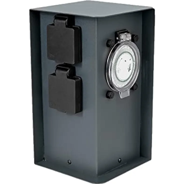 Grafner Edelstahl Design Gartensteckdose Zeitschaltuhr 2 Steckdosen anthrazit, ON/Auto, 3600 Watt, Pulverbeschichtung, Energiesäule Timer Mehrfach Metall Außen Steckdose 2-Fach schwarz lackiert, IP44 wetterfest