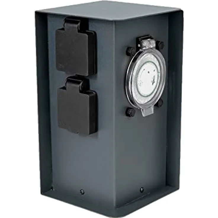 Grafner Edelstahl Design Gartensteckdose Zeitschaltuhr 2 Steckdosen anthrazit, ON/Auto, 3600 Watt, Pulverbeschichtung, Energiesäule Timer Mehrfach Metall Außen Steckdose 2-Fach schwarz lackiert, IP44 wetterfest – Bild 1