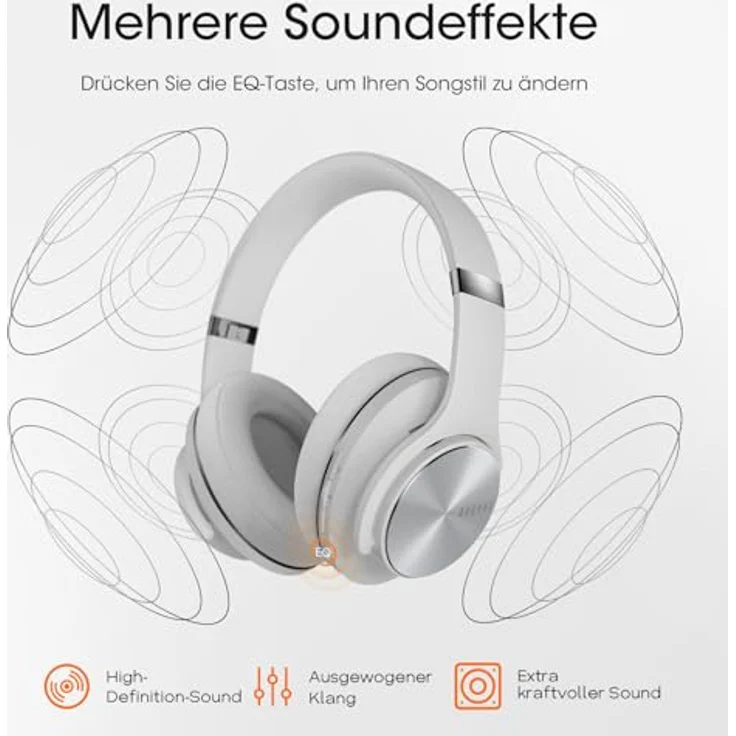 DOQAUS Care 1, Bluetooth Kopfhörer Over Ear mit 90 Std Akkulaufzeit, 3 EQ-Modi, HiFi Stereo, faltbares Headset mit Mikrofon, weiche Ohrpolster - Hellgrau – Bild 4