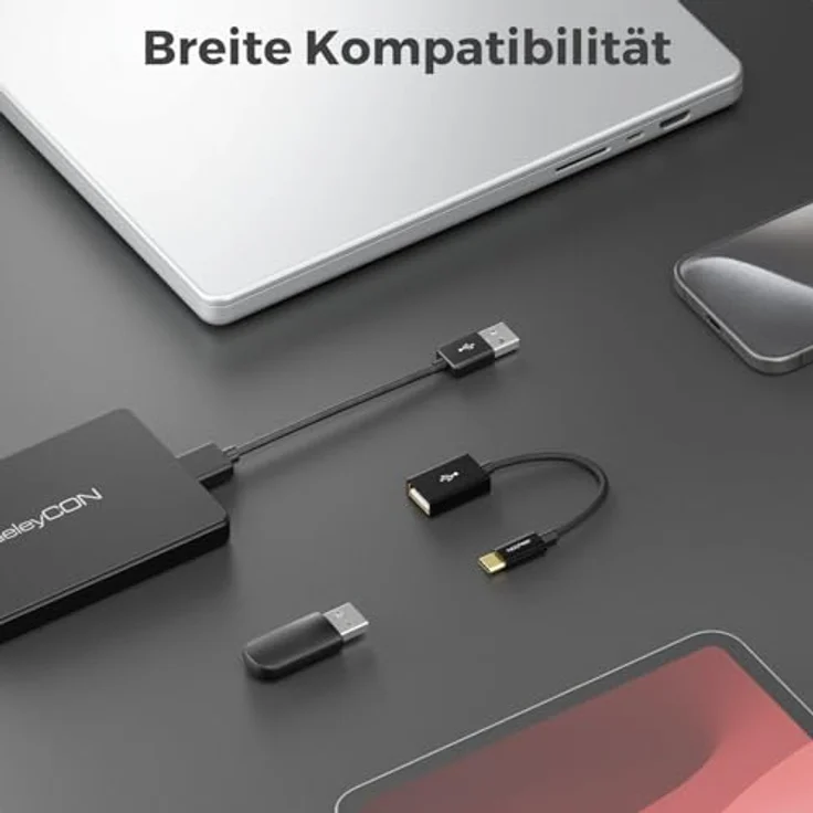 deleyCON 10cm USB-C auf USB-A OTG Kabel Adapter, Schwarz – Wendbarer C-Stecker, 480 MBit/s, kompatibel mit iPhone 17/16 Pro Max, iPad, MacBook Pro/Air, Galaxy S25/S24/S23/S22 – Bild 3