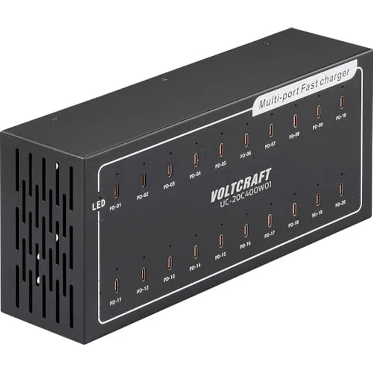 Voltcraft UC-20C400W01, USB Ladegerät mit 400 W, 20x USB-C® Anschluss, USB Power Delivery für Industrie und Werkstätten