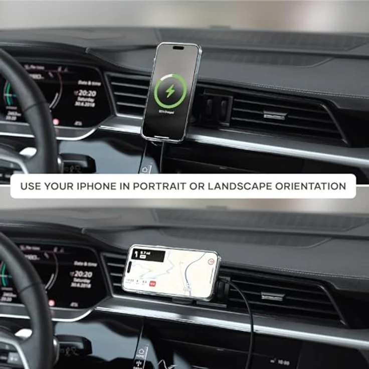 SATECHI Qi2 Kabelloses Auto-Ladegerät, Reisefreundliche Handyhalterung, 15W Schnellladegerät für iPhone 12-16, Silber – Bild 5