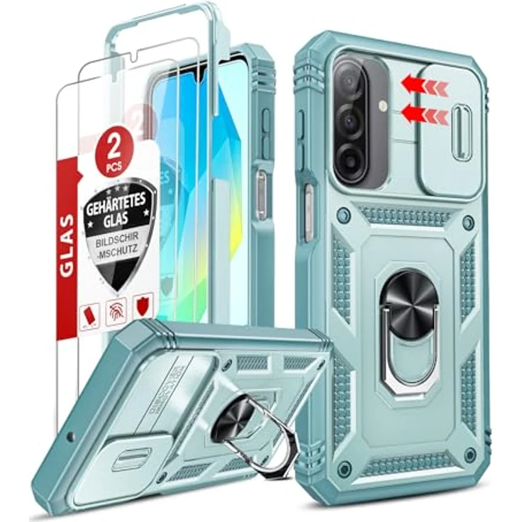 LeYi Fallschutz Hülle für Samsung Galaxy A17 5G, Slide Kameraklappe mit 2 Hartglasfolien, Metallständer, robustes grünes Cover – Bild 1