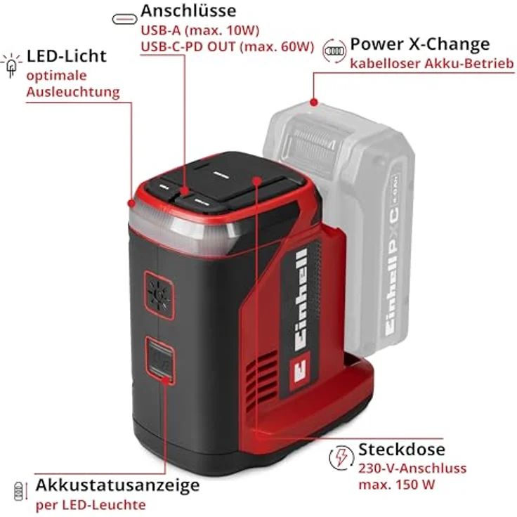 EINHELL Akku-Energiestation TC-ES 18/150/1 Li, mobile Stromversorgung mit 150 W, USB-C-PD und LED-Licht, Solo – Bild 3
