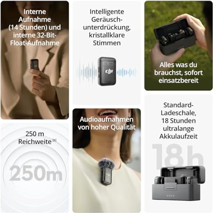 DJI Mic 2 (2 Sender + 1 Empfänger + Ladeschale), kabelloses Mikrofon, intelligente Rauschunterdrückung, interne 32-Bit-Float-Aufnahme, 250 m Reichweite, Mikrofon für iPhone, Android – Bild 2
