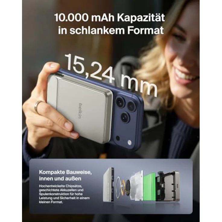 Belkin UltraCharge Power Bank, Induktive Slim-Ladegerät mit 10000 mAh, 25 Watt, Magnetisch, USB-C, Sand – Bild 3