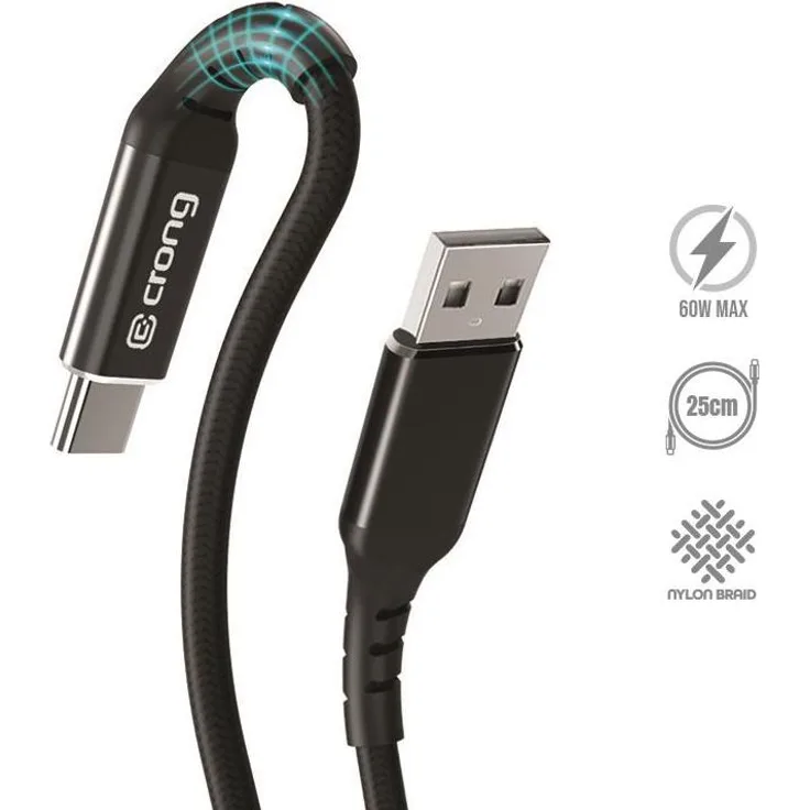 Crong Armor Link - 60W PD 3A USB-A auf USB-C Kabel, 25 cm, schwarz, hohe Zug- und Biegefestigkeit