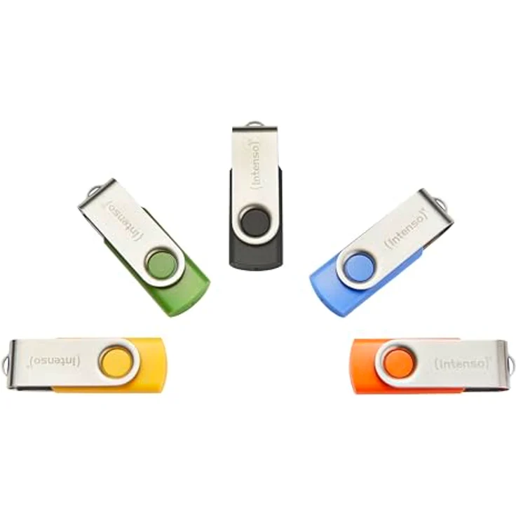 Intenso Basic Line 5X 32 GB USB-Sticks USB 2.0 mit Beschriftungsetiketten, 5er Pack, Gelb, Grün, Schwarz, Blau + Orange, silberner Metallbügel – Bild 2