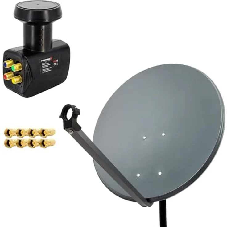 PremiumX Satelliten-Komplettanlage 80cm Anthrazit Satellitenschüssel mit 4 Teilnehmern und 8X F-Steckern – Bild 1