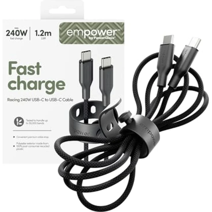 PanzerGlass Racing USB-C to USB-C Kabel, 1,20 m, USB 2.0, 240 W, schwarz, robust und flexibel mit Klettlasche – Bild 6