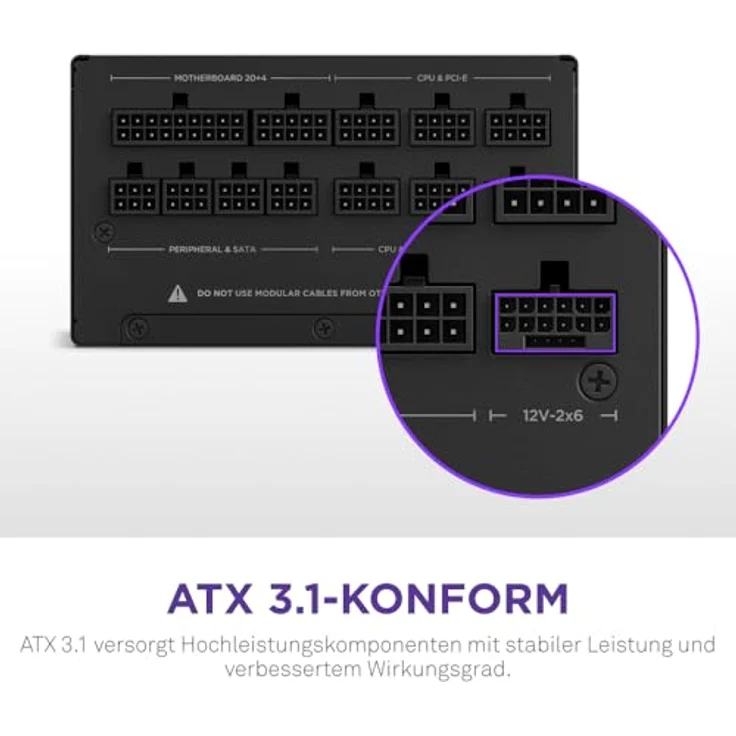 NZXT C1200 Gold ATX 3.1 - Vollständig modulares, geräuscharmes PC-Gaming-Netzteil - 1200 Watt - 80 PLUS Gold - 12V-2x6-Anschluss - Zero Fan-Modus - 100 % japanische Kondensatoren - Schwarz – Bild 3