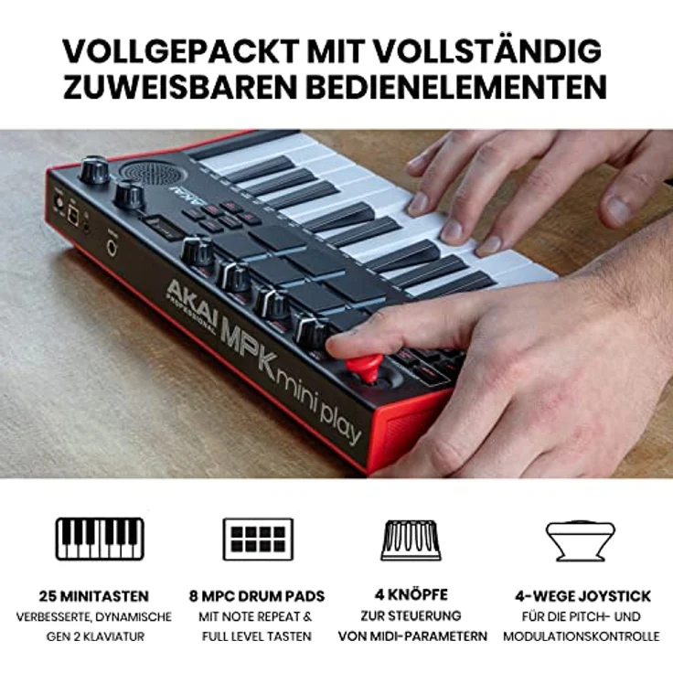 AKAI Professional MPK Mini Play MK3 - MIDI Keyboard Controller mit eingebautem Lautsprecher und Sounds, dynamische Klaviatur, MPC Pads und Software – Bild 4