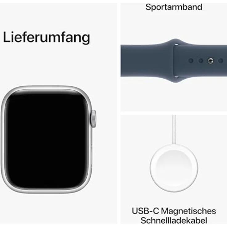 Apple Watch Series 9 GPS, 45 mm Aluminiumgehäuse Silber, Sportarmband Sturmblau – S/M – Bild 6