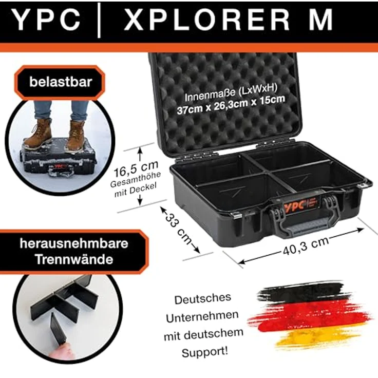 YPC Xplorer Case M – 40cm x 33cm x 16,5cm Outdoor Case, Sortierkoffer wasserdicht, Kamera Koffer Hardcase, Transportkoffer für Ausrüstung, Stapelbar – Bild 2