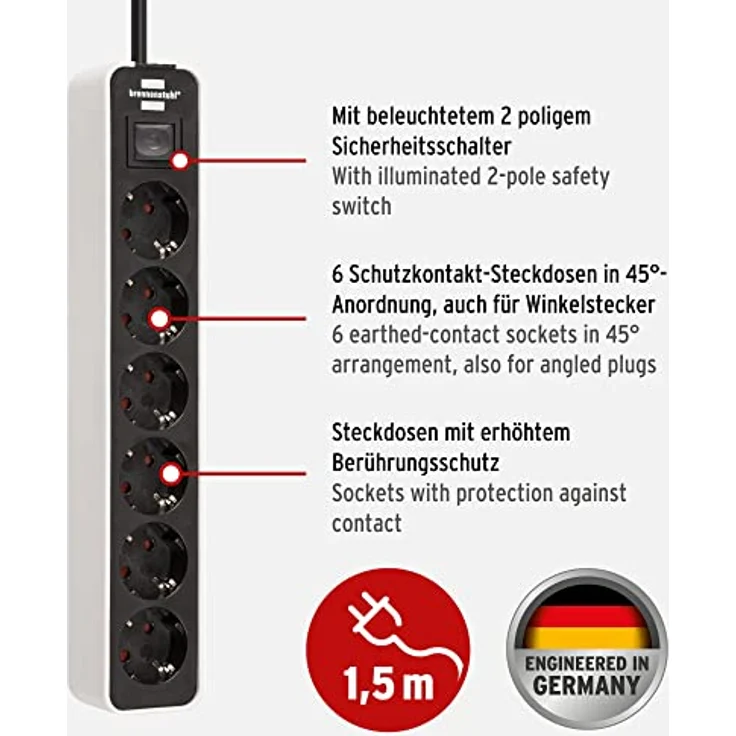 Brennenstuhl Ecolor Steckdosenleiste 6-fach (Steckerleiste mit Schalter und 1,5m Kabel) schwarz-weiß – Bild 2