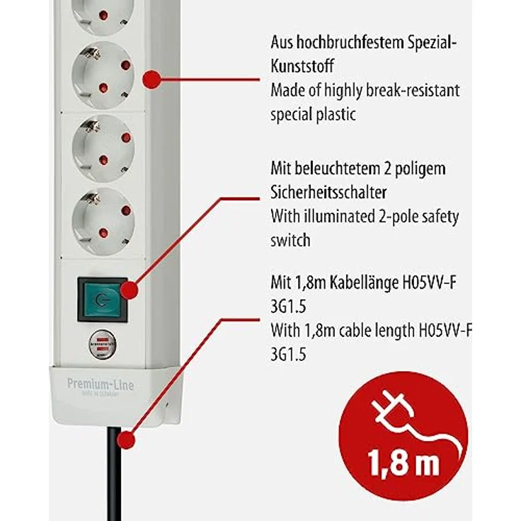Brennenstuhl Premium-Line, Steckdosenleiste 4-fach (Steckerleiste mit Schalter und 1,8m Kabel - 45° Anordnung der Steckdosen, Made in Germany) grau – Bild 3