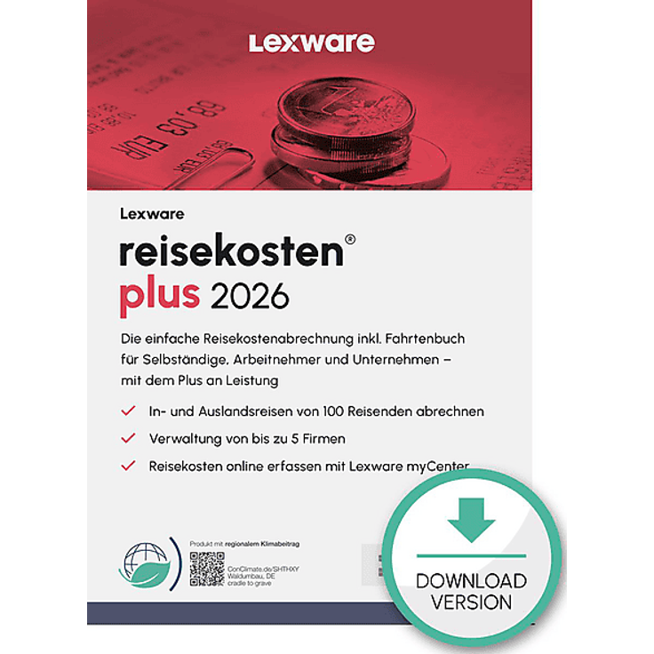 LEXWARE REISEKOSTEN PLUS 2026, Steuersoftware für 100 Reisende, rechtssicher, inklusive integrierten Fahrtenbuch und Web-Anbindung