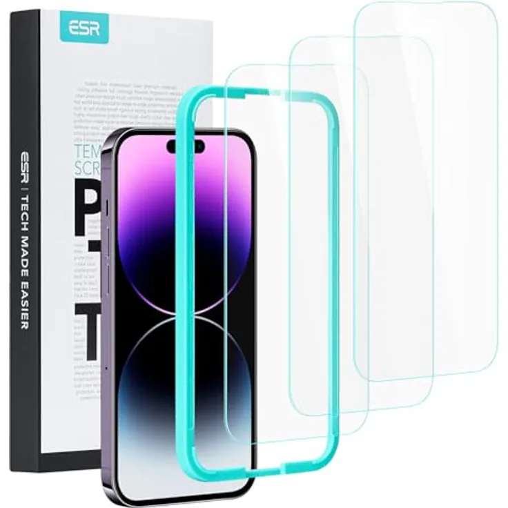 ESR Panzerglas für iPhone 14 Pro, 3 Stück, Militärnorm Schutz, kratzfest, HD Klarheit mit Anbringrahmen