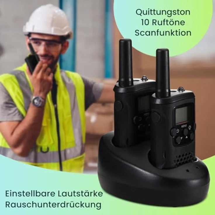 Casativo 4er-Set Akku-PMR-Funkgerät, Walkie Talkie mit 10 km Reichweite, 8 Kanäle, Gürtelclip, Taschenlampe, Ladestation, 8 Stunden Sprechzeit – Bild 3