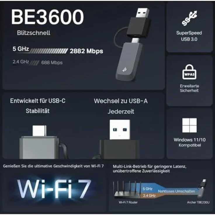 TP-Link ARCHER TBE230U, Kabelgebundener WLAN-Stick mit USB Type-A/USB Type-C, Ethernet, Wi-Fi 7 (802.11be), 2882 Mbit/s, Schwarz, Grau – Bild 2
