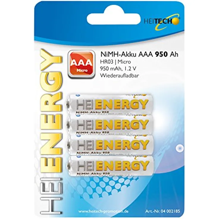 HEITECH 4er Pack NIMH-Akku, Micro/AAA / HR03 950 mAh Wiederaufladbare Batterie mit geringer Selbstentladung - Akku für Geräte mit hohem Stromverbrauch - HEITECH Promotion GmbH