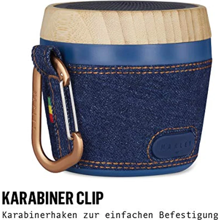 House of Marley Chant Mini, tragbare Bluetooth Lautsprecherbox, spritzwassergeschützt, 6 Std. Akkulaufzeit, integriertes Mikrofon, Karabinerhaken, kabellos verbinden mit iPhone, Samsung etc, denim – Bild 3