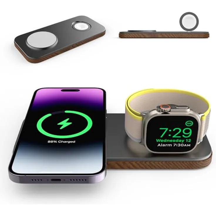 CubeNest 2in1 Magnetisches kabelloses Ladegerät mit MagSafe Technologie - Schnellladefunktion für Apple Watch 7-9, Ultra 1-2, iPhone 12-15, AirPods 2/3/Pro, Qi-Geräte (Grey)