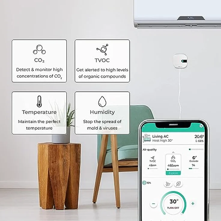 Sensibo Air PRO, Klimaanlagen-Steuerung & Luftqualitätssensor. Thermostat für Mini-Split, Fenster, tragbare AC. Sensor Temperatur & Luftfeuchtigkeit. Google, Alexa, Siri & Apple HomeKit kompatibel – Bild 3