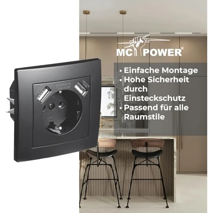 McPower Unterputz Schutzkontakt Steckdose + 2x USB-A 5V / 2,1A FLAIR, matt Schwarz - Deutsche Qualität, Einbau mit Einsteckschutz – Bild 4