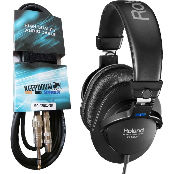 Roland Audio Roland RH-200 Black mit 3m Verlängerungskabel Kopfhörer, Linearer Frequenzgang, 40mm Neodym-Treiber