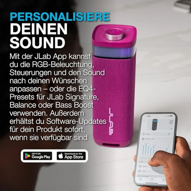 JLab JBuds Party, Tragbarer Bluetooth Lautsprecher mit 30W Leistung, 12H+ Akkulaufzeit, RGB Lichtshow, IP56 wasserfest, Mulberry – Bild 4