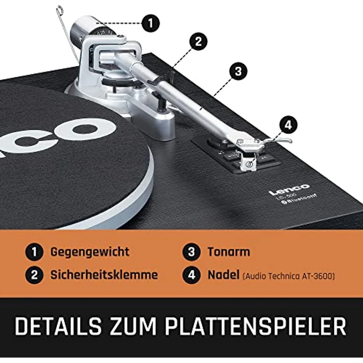 Lenco LS-500 - Hi-Fi Plattenspieler mit Bluetooth - Mit externen Lautsprechern 2 x 30 W RMS - Riemenantrieb - Vorverstärker - MDF-Gehäuse - Schwarz – Bild 3