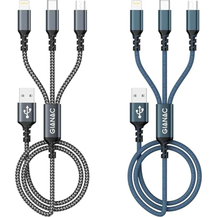 GIANAC Multi USB Kabel 3 in 1 [2 Stück 2m] Schnellladekabel mit Micro USB, USB C, Lightning – für iPhone, Android, Samsung, Huawei, Blau & Grau – Bild 1