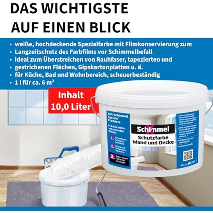 SchimmelX Schutzfarbe Wand und Decke 10,0 l | hochdeckende Spezialfarbe | scheuerbeständig | Lösemittelfrei | weiß | für Küche, Bad und Wohnbereich | Innenbereich – Bild 3