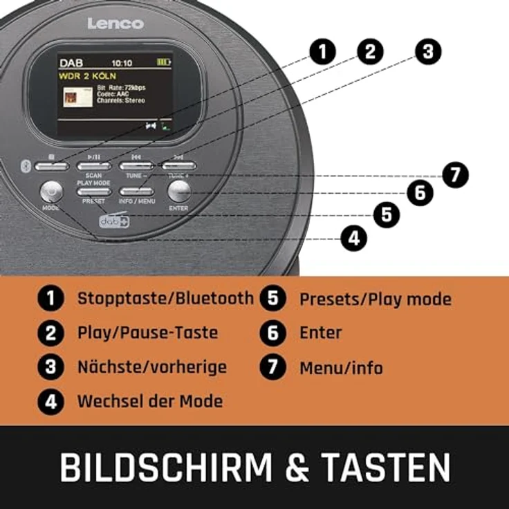 Lenco CD-500 Portabler CD-Player mit DAB+ Radio BT Akku CD-Player (Bluetooth, UKW Radio) – Bild 4