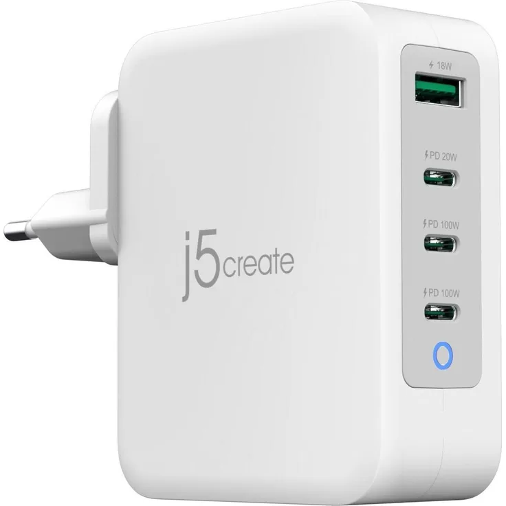 j5Create 130W GAN USB-C 4-Port Ladegerät, kompakt mit Power Delivery 3.0, grau