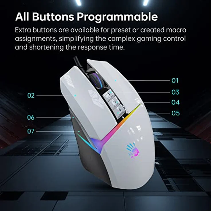 Bloody W60Max Kabelgebundene RGB FPS Gaming Maus, programmierbare Tasten, 2000 Hz Berichtsrate, 4M Onboard Speicher (Pandawhite) – Bild 3