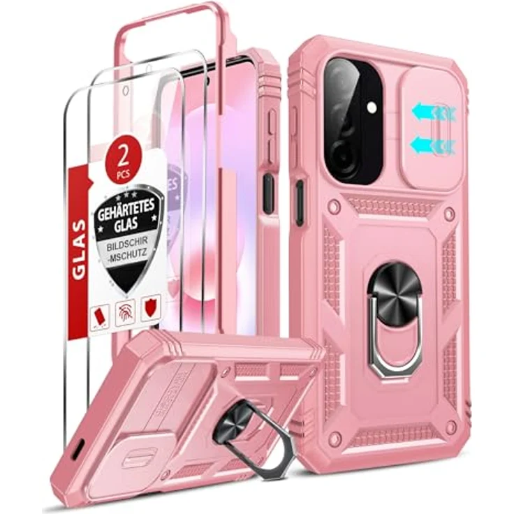 LeYi Militär Hülle für Samsung Galaxy A27 5G, Stoßfest mit Kamera Schiebefunktion und 2 Displayschutz, Rosa – Bild 1