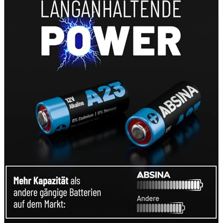 ABSINA ABSINA Batterie A23 Alkaline 12V 4er Pack Batterie, (1 St) mit hoher Kapazität und Temperaturfestigkeit, ideal für Garagentoröffner, Fernbedienungen und mehr – Bild 5