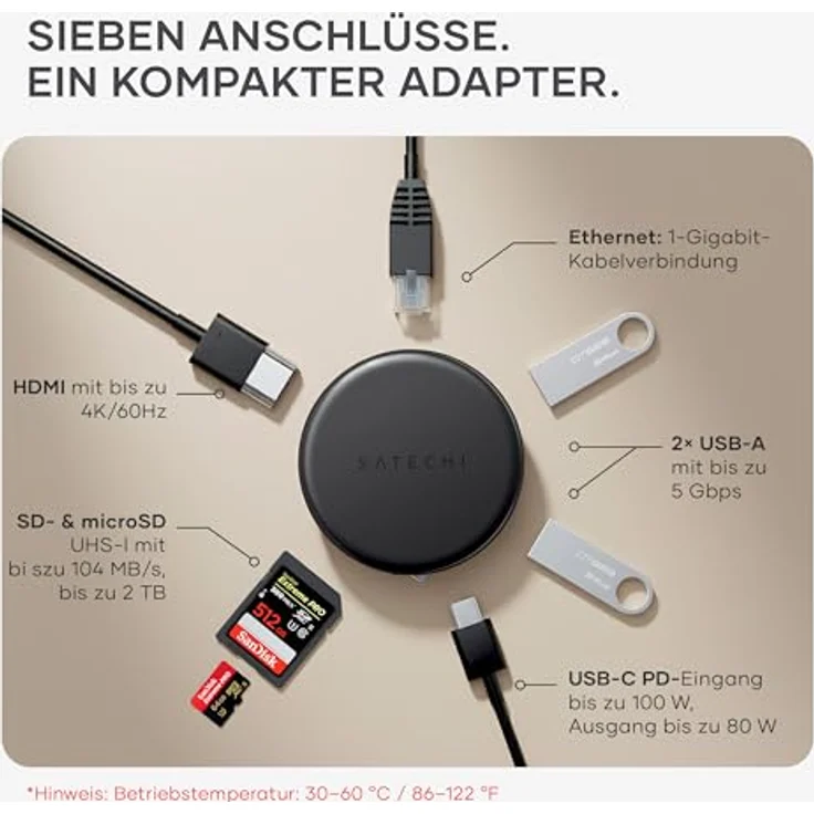 SATECHI OntheGo™ 7-in-1 USB-C Hub, magnetischer Multiport Adapter mit 100W Power Delivery, HDMI 4K/60Hz, Gigabit Ethernet, 2x USB-A 5Gbps, SD/microSD, Spiralkabel – Space Schwarz – Bild 2