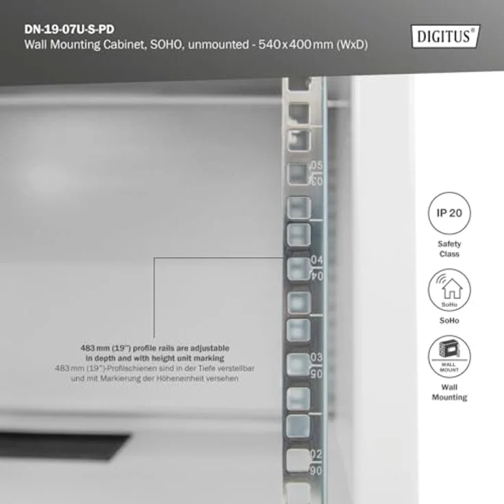DIGITUS Netzwerk-Schrank 19 zoll 7 HE - unmontiert - Wandmontage - 400 mm Tiefe - Traglast 60 kg - Perforierte Tür – Bild 5