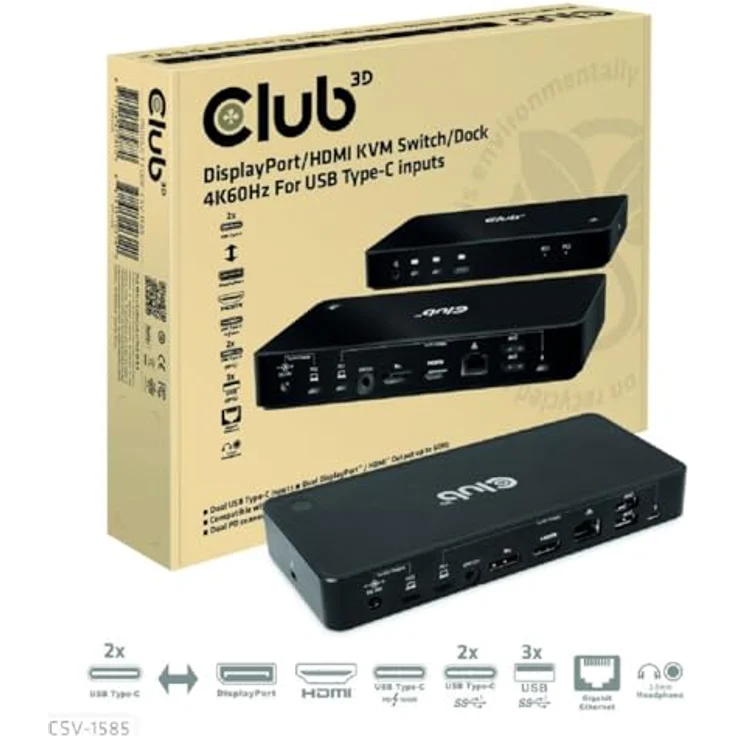Club 3D KVM Switch/Dock DisplayPort/HDMI 4K60Hz für 2 USB Typ-C Eingänge – Bild 2