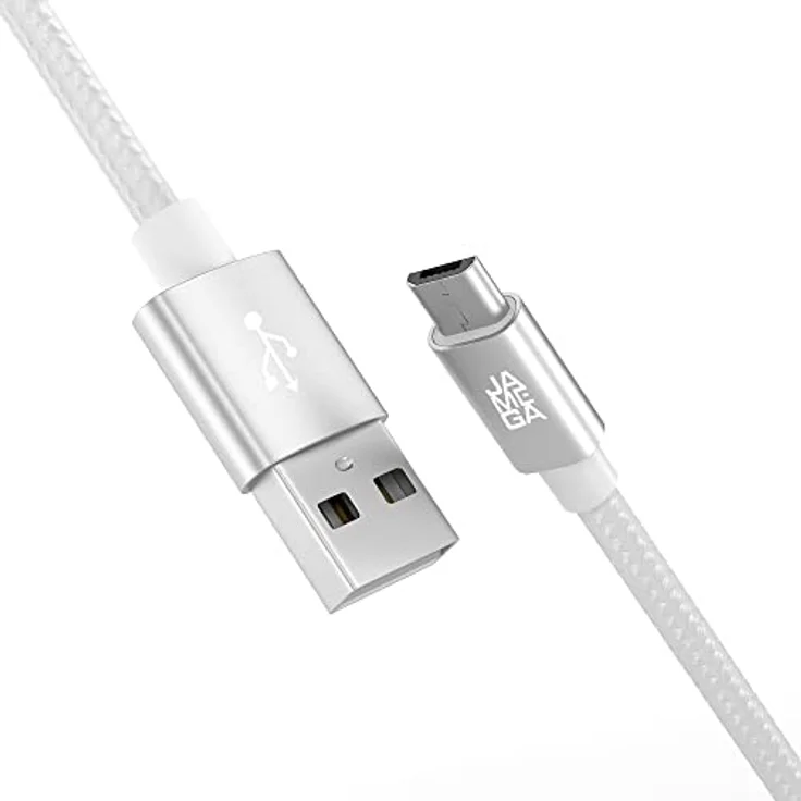 JAMEGA 3m Premium Micro USB Kabel | Nylon geflochtenes Ladekabel mit 2,4A Schnellladung für Android Geräte – Weiß – Bild 1